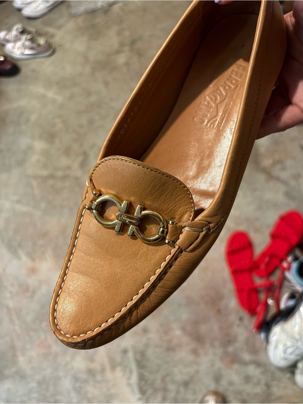 Salvatore Ferragamo Tan Leather Chain-Accent Women's Driving Loafers
